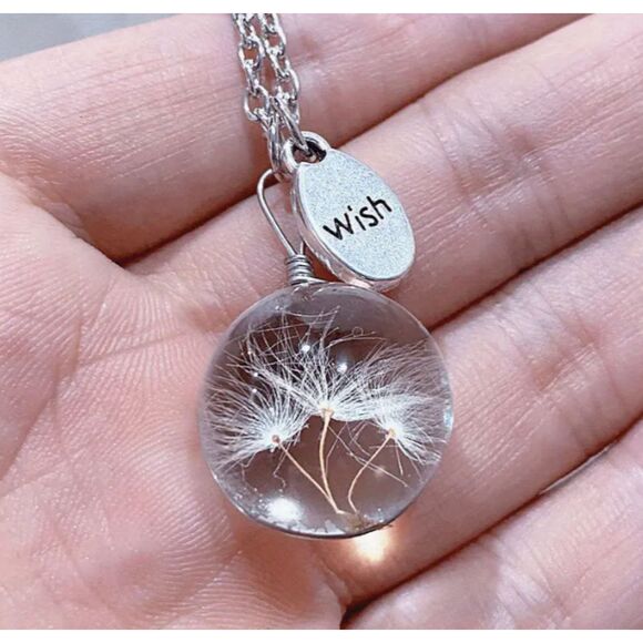 Clear Bubble With a Tiny Dandelion & a Carved WISH Charm Necklace - Picture 3 of 5